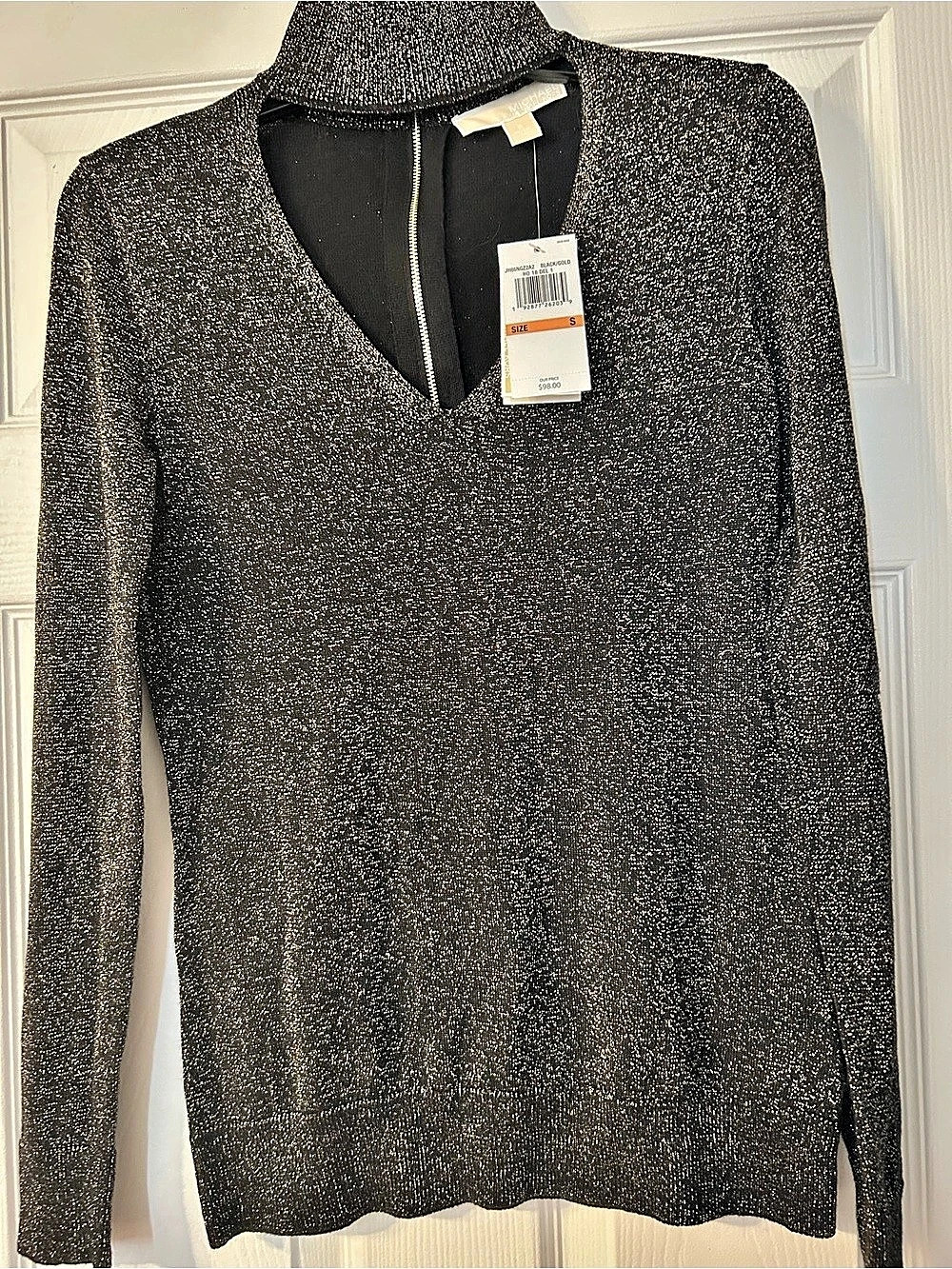 Michael Kors Metallic Mock Neck Back Zipper Sweater Black & Gold Small